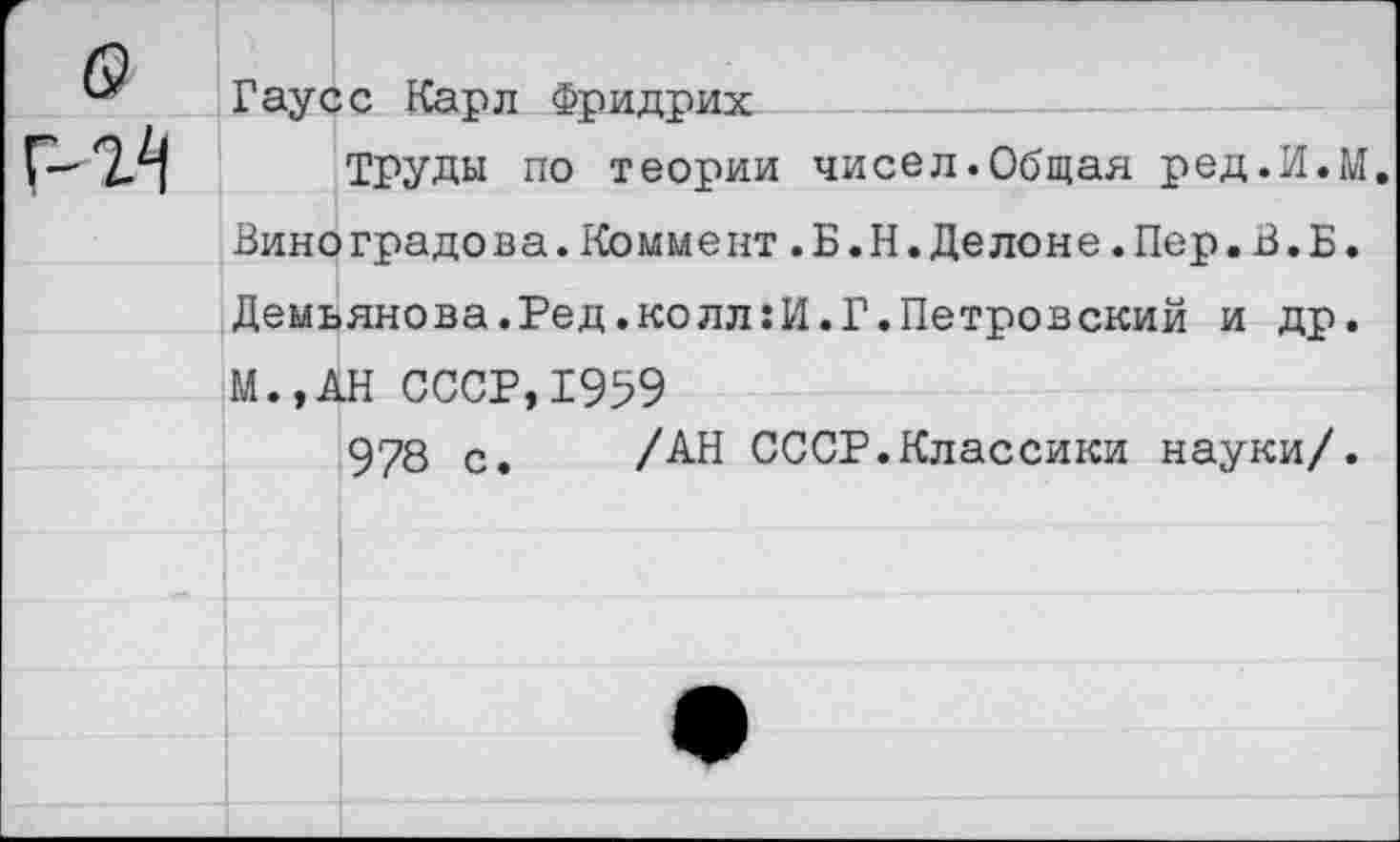 ﻿Гаусс Карл Фридрих
ТРУДЫ по теории чисел.Общая ред.И.М. Виноградова.Коммент.Б.Н.Делоне.Пер.В.Б. Демьянова.Ред.колл:И.Г.Петровский и др. М.,АН СССР,1959
978 с. /АН СССР.Классики науки/.